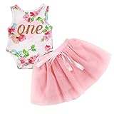 HappyMA 2Pcs Baby Girls Tutu Dress 1st Birthday Sleeveless Floral Romper Top Lace Skirt Outfit Clothes (6-12 Months)
