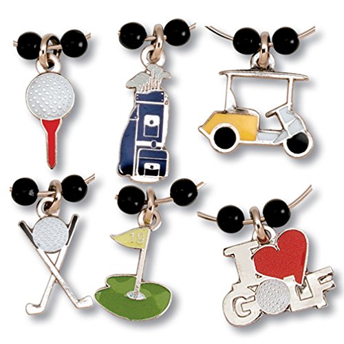 Golf Wine Glass Charms Set of 6 Silver Tone Enameled Themed Charms for the 19th Hole in a Black Organza Bag for Giving and Storage Great Gift for Women Golfers Includes Ball on Tee, Cart, Clubs, Bag