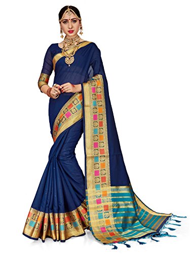 ELINA FASHION Sarees For Women Cotton Silk Woven Saree Indian Wedding Wear Sari With Unstitched Blouse (Royal Blue)