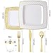NERVURE 150 PCS Gold Square Plasitc Plates with Gold Plastic Silverware, Elegant Tableware Set Includes 25 Dinner Plates 25 Dessert Plates 25 Forks 25 Spoons 25 Knives 25 Cups