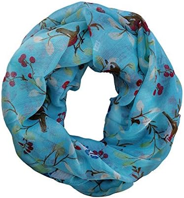 Trelemek’s Birds flowers Trees Pattern Print Large Lightweight Infinity Scraf for Women Wrap Collection(Lake Blue)