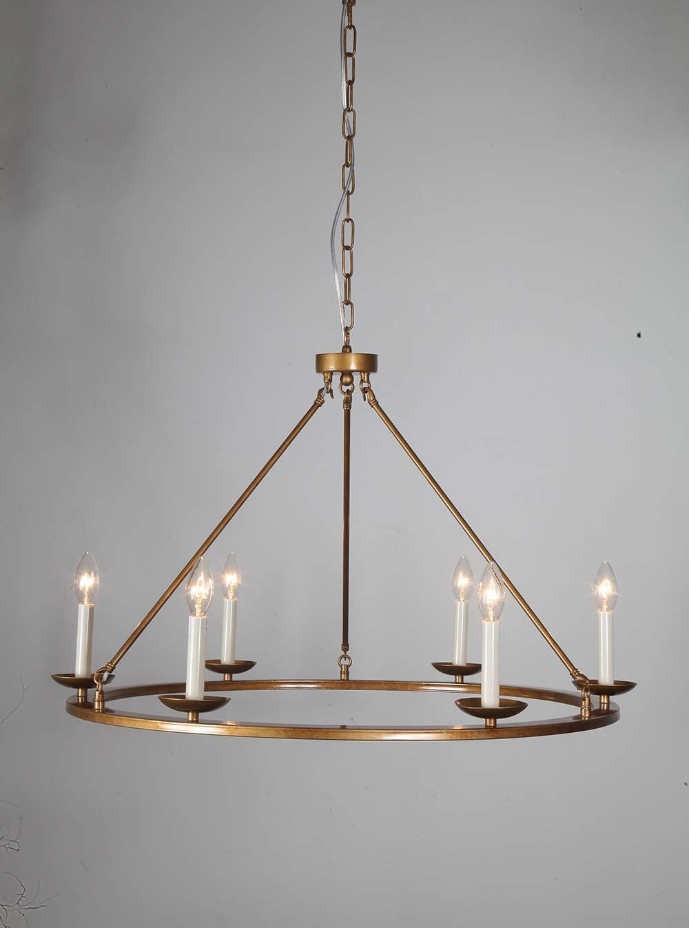 Farmhouse Kitchen Island Pendant Lamp, JJGD Retro Round LED Chandelier Vintage Wagon Wheel Ceiling Light for Dining Room, Table Light, Entryway, Hallway, Foyer, D30" X H23" Chain 59'' (Brass)