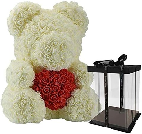 Disnation 40cm Big Rose Teddy Bear with Heart Flower Artificial Decoration Gifts for Women with Presentable Gift Box for Valentines Day Anniversary Birthday Wedding Women Day Gift (Cream (Red))