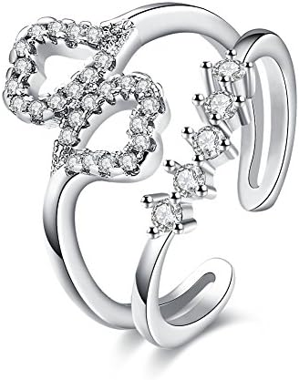 YEAHJOY Women's Double Hearts Shape Wrapped Finger Rings with Micro CZ Stones Paved Adjustable Size Rings (platinum-plated)