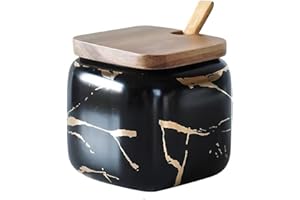 JFFLYIT Marble Ceramics Sugar Bowl Ceramic Seasoning Box Ceramic Spice Jars Porcelain Condiment Pots with Lid and Spoon (Black)