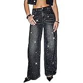 LEVNSD Womens High Waisted Rhinestone Jeans Straight Chic Wide Leg Bling Black Denim Pants Teen Girls Loose Fit Pearl Jeans