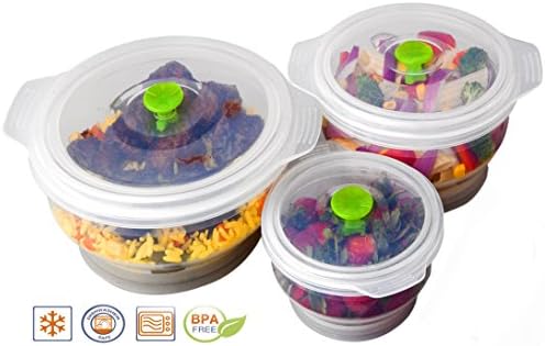 Collapsible Silicone Bowl Set with Vented Lid - 3 Piece. Ideal for Microwave or Oven Thawing/Reheating . Use for Lunches, Hiking, Camping and Salads - Excellent for Freezing and Daily Use