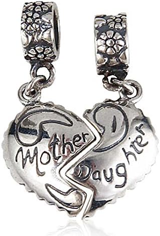Mother and Daughter Charm 925 Sterling Silver Heart Charm Love Charm Family Charm Dangle Charm for Bracelet (Mother and Daughter)