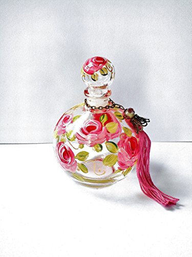 Hand Painted Rose Large Round Empty Glass Perfume Bottle with Stopper Cap and Handmade Tassel