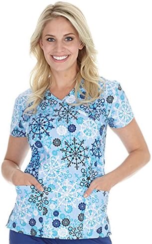 I Love Scrubs Women's Christmas Mock Wrap Scrub Top, Snow Fun, Large