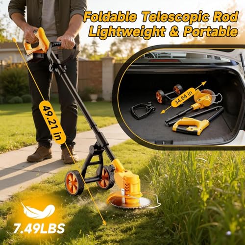 Electric Weed Wacker Cordless with Wheels,Electric Weed Eater Battery Powered 4000mAh,4 in 1 Grass Trimmer/Brush Cutter/Grass Edger/Lawn Mower,No String Trimmer with Blade,2 Battery