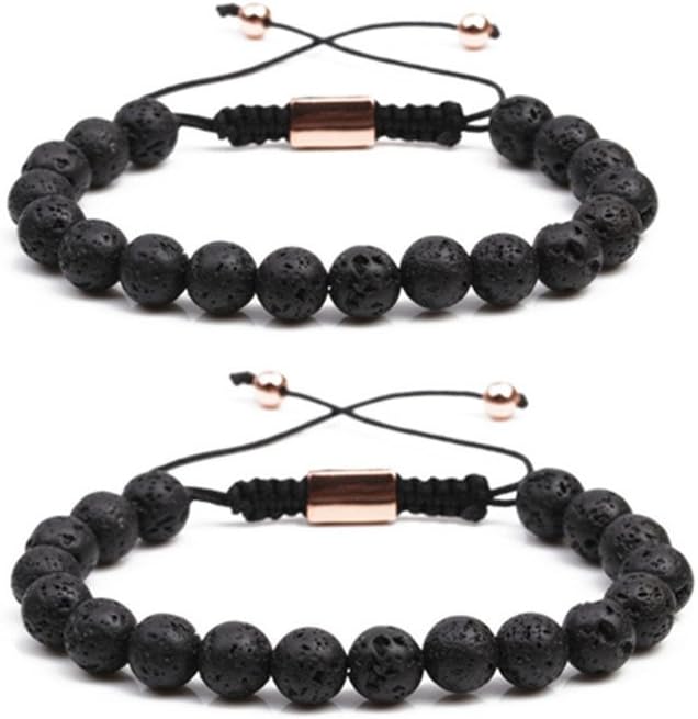 LF 2Pcs His Her Personalised Name Date Custom Black Lava Rock Matte Chakra Diffuser Couple Bracelets Adjustable Essential Oil Wristband for Valentine Birthday Gift,Free Engraving Customized