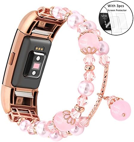 Fitbit Charge 2 Jewelry Band for Women, Ezzdo Luxury Handmade Jewelry Faux Pearl Natural Stone Decorated Replacement Strap Bracelet for girl (Small, Pink Rose Gold)