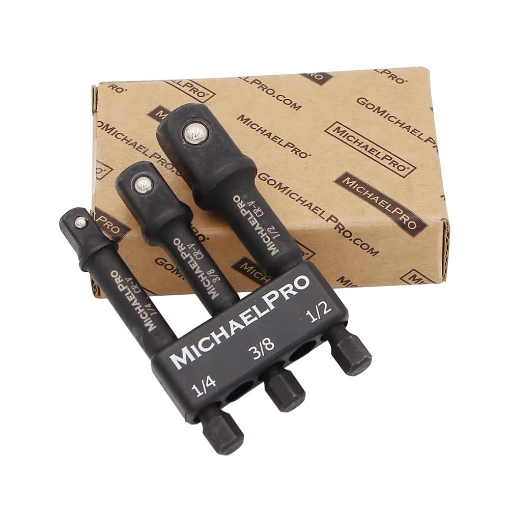MichaelPro 3" Impact Grade Socket Adapter Set, 3-Piece Extension Bit with Holder (1/4", 3/8", 1/2" Drive), CR-V Steel, 1/4'' Hex Shank Converts Impact Drill to High Speed Socket Driver - MP005020