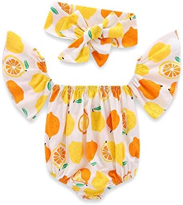 Summer Newborn Infant Baby Girls Bodysuit + Headband Off Shoulder Fashion Jumpsuit Lemon Baby Clothes 0-24Months (Lemon, 0-6Months)