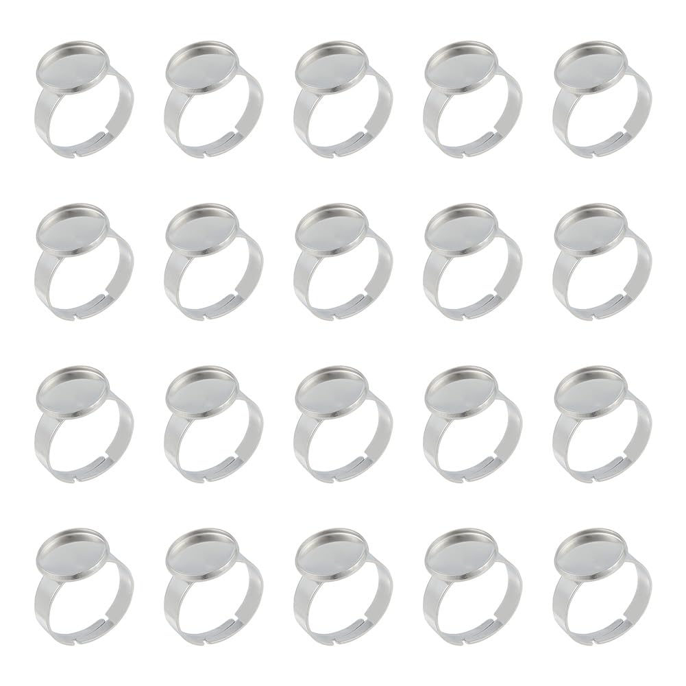 UNICRAFTALE about 50PCS Stainless Steel Pad Ring Bases Findings Adjustable Finger Ring Blank Base Flat Round Blank Cabochon Setting Blank Bezel Tray Ring Components Size 7(17mm) Tray 12mm