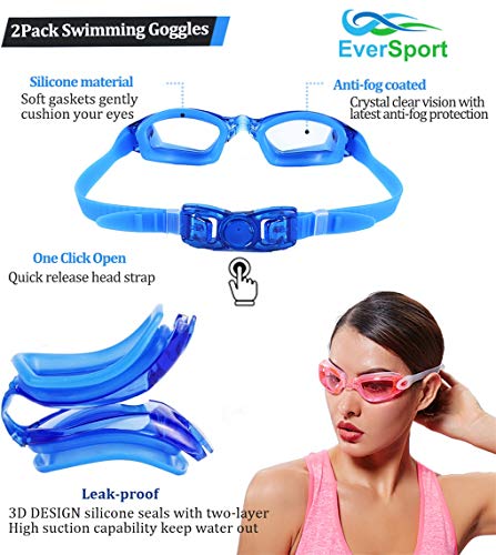 EVERSPORT: Anteojos De Natación Para Niños Y Adolescentes, Paquete De 2, Antivaho, Anti-UV, Negro Y Azul