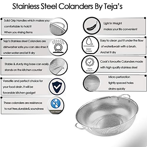Stainless Steel Colanders By Tejaâ€™s-Kitchen Strainer Basket With Heavy Duty Handles-Pasta Noodles Drains/Dishwasher Safe