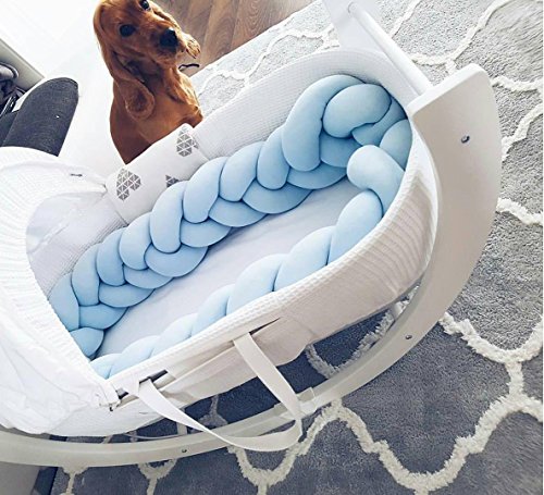 LOAOL Baby Crib Bumper Knotted Braided Plush Nursery Cradle Decor Newborn Gift Pillow Cushion Junior Bed Sleep Bumper (2 Meters, Blue)