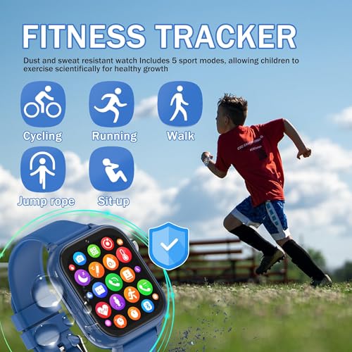 pmstuy Children's GPS Smart Watch, 4G Teen Smart Watch with Telephone, Video Call, WiFi, Bluetooth, SOS, Class Mode, Face ID, App Store, Whatsapp, Alarm Clock, IP68 Smartwatch Children Gifts (Blue)