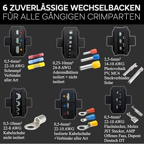 ALPHATEC® Crimpzange Set mit Wechselbacken inkl. automatische Abisolierzange - [0,25-10mm²] - Crimpzange Kabelschuhe, Aderendhülsenzange, Flachstecker, MC4 Zange PV Solar - Krimpzangenset 8-teilig thumbnail 3