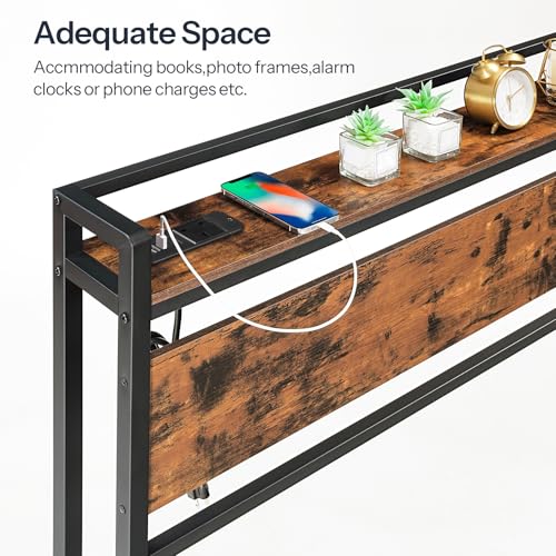 HOOBRO King Size Headboard with Storage, Wooden King Headboard with Power Outlets, Industrial King Bed Headboard Only, Adjustable Height, with Metal Frame, Rustic Brown and Black EBF98KBH01