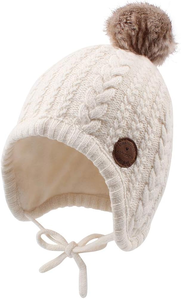 XIAOHAWANG Winter Baby Boys Hat Velvet Lining Toddler Kids Beanie Earflap Warm Baby Hats for Girls with Pompom (White, L)