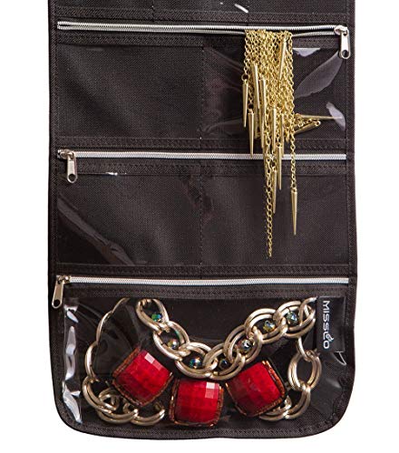 image for MISSLO 8 Zippered Pockets Travel Jewelry Roll up Organizer with Rotata
