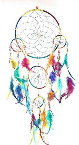 The Dream Catcher- Large Pink Purple Multi Color Rainbow Handmade Dream Catcher Hanging Ornament With Shell Accents And Silver Thread 8.5x24 in