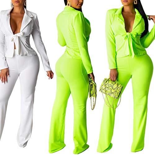 Tracksuit Women Long Sleeve Blazer Jacket Coat and Pants 2 Piece Set Suit Slim Fit Bussiness Coat and Pants Set 3-Y5-White Medium - Thumbnail 2