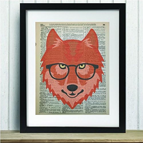 Upcycled Vintage Dictionary Art Print - Wolf with glasses - 8x10 Unframed