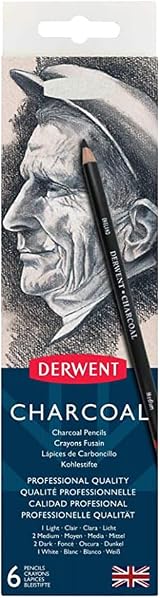Derwent Charcoal Drawing Pencils Set of 6 with Sharpener Light Medium Dark view 2