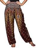 Lofbaz Women's Peacock Print Smocked Waist Harem Pants Brown 2XL