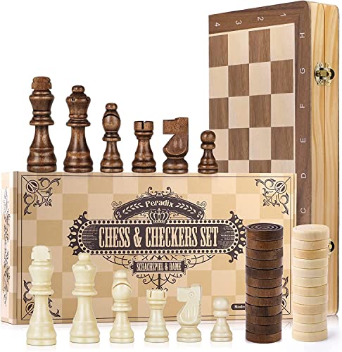 Peradix 2 in 1 Wooden Chess Board, Magnetic Chess Board, Checkers and Chess Board Folding Wood 38 x 38 cm with Travel Magnets for Adults and Children, Professional