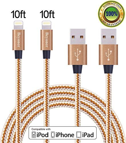 Beyoner 2Pack 10FT PowerLine Lightning Cable Durable and Fast Charging Cable Double Braided Nylon for iPhone SE/6/6 Plus/6s/6s Plus/5/5c/5s, iPad Mini/Air, iPod Nano/Touch (brown &amp; silver)