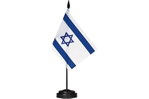 Anley Israel Deluxe Desk Flag Set - 6 x 4 Inch Miniature Israeli Desktop Flag with 12" Solid Pole - Vivid Color and Fade Resistant - Black Base and Spear Top