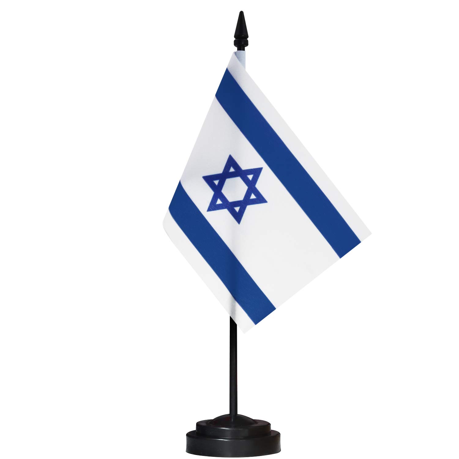 ANLEY Israel Deluxe Desk Flag Set - 6 x 4 Inch Miniature Israeli Desktop Flag with 12" Solid Pole - Vivid Color and Fade Resistant - Black Base and Spear Top