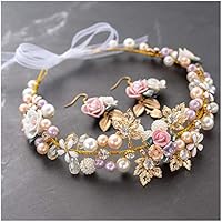 Bridal Girls Headband Luxurious Champagne Purple White Artificial Pearls, Porcelain Roses Flowers, Crystal Beads, Gold Leaves Decor Floral Wedding Tiara Headpiece with Ribbons + Earrings