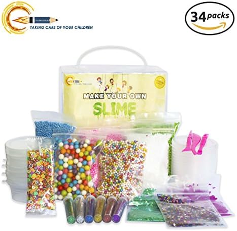 Gomosha Slime Supplies, 34 Packs with Foam Balls, Foam Beads, Holographic Glitter, Fruit Slices, Confetti, Slime Containers, Slime Tools, Slime Kit of Party Favors for Kids