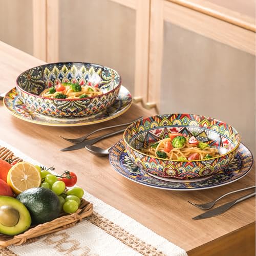 Henten Home Juego de platos hondos de pasta, 2 platos hondos de colores, 1500 ml, cuencos multiusos para sopa, fideos, espaguetis, pasta, ensalada, serie Mylo, estilo boho