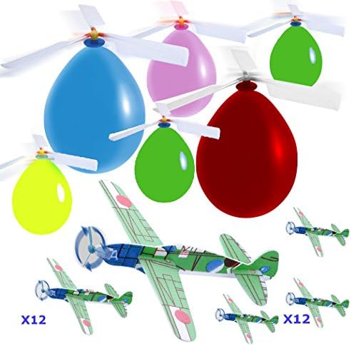 Party and Fun Set of 24 12 Airplane Gliders and 12 Balloon Hellicopters Combo