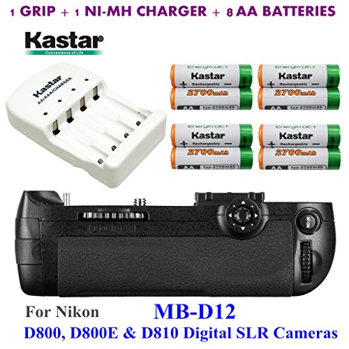 Kastar Pro Multi-Power Vertical Battery Grip (Replacement for MB-D12) + 8x AA NI-MH Batteries(2700mAh) + NI-MH Charger for Nikon D800, D800E & D810 Digital SLR Cameras