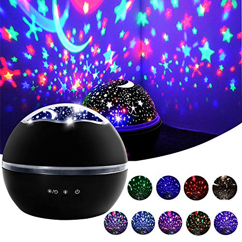 Star Projector Night Light, Baby Projector Nuresy Lamp 360 Degree Rotating Star Moon Cover Projector Night Light for Kids Bedroom, Birthday,Baby Nursery Night Light (Black)