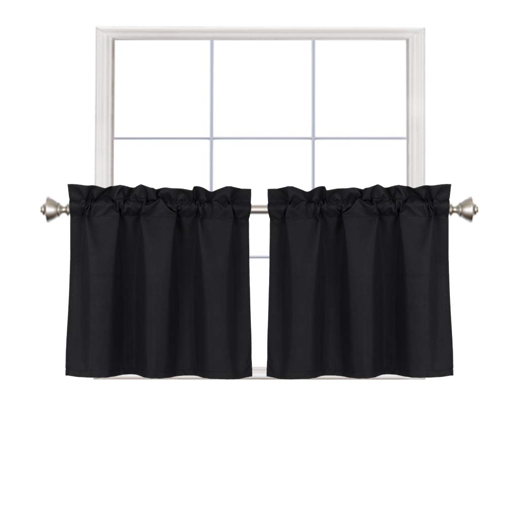 Home Queen Blackout Rod Pocket Tier Curtains for Small Window, Short Room Darkening Basement Curtains, Cafe Drapes, 2 Panels, 30 W x 24 L Inch Each, Black