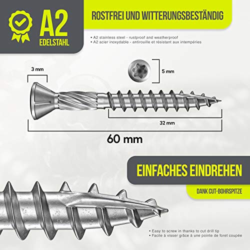 INNONEXXT® Premium Edelstahl Terrassenschrauben A2 inkl. Bit | 5,0 x 60 mm 200 Stück TX25 | Fräsrippen, Cut-Spitze… – Bild 5