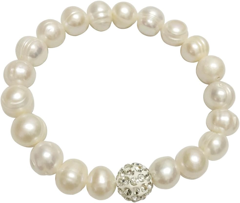 Charming Collection White Pearls Stretch Bracelet with Crystal Bead Wrist Jewelry for Women, 8"