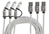 High Speed USB Cable, Nylon Braided 10FT 3 Pack, 2 in 1 Dual Tip Micro USB + Lightening Connector tip, 2.4 A; Sync & Charging, iPod iPhone iPad, Samsung Galaxy Nokia Motorola Tablet Cameras Cell Phone