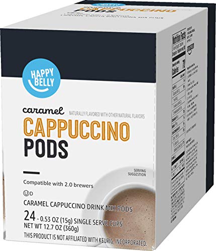 AMAZON BRAND – HAPPY BELLY CAPPUCCINO COFFEE PODS COMPATIBLE WITH K CUP BREWERS, LIGHT ROAST, CARAMEL FLAVORED, 24 COUNT, 12.72 OUNCE (PACK OF 1)