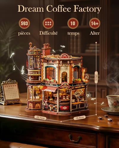 ROBOTIME Wooden 3D Puzzle for Adults to Build - Dream Coffe Factory, Miniature Building Kit with Music, Lights and Animated Scenes, Miniature House/Book Nook Café EAB02