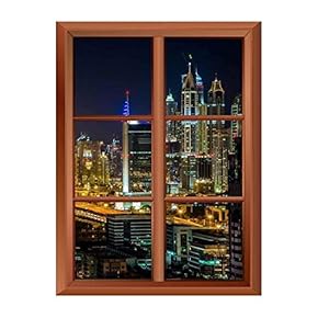Wall26 Removable Wall Sticker/Wall Mural - Dubai Downtown Night Scene with City Lights - Creative Window View Vinyl Sticker - 24"x32"